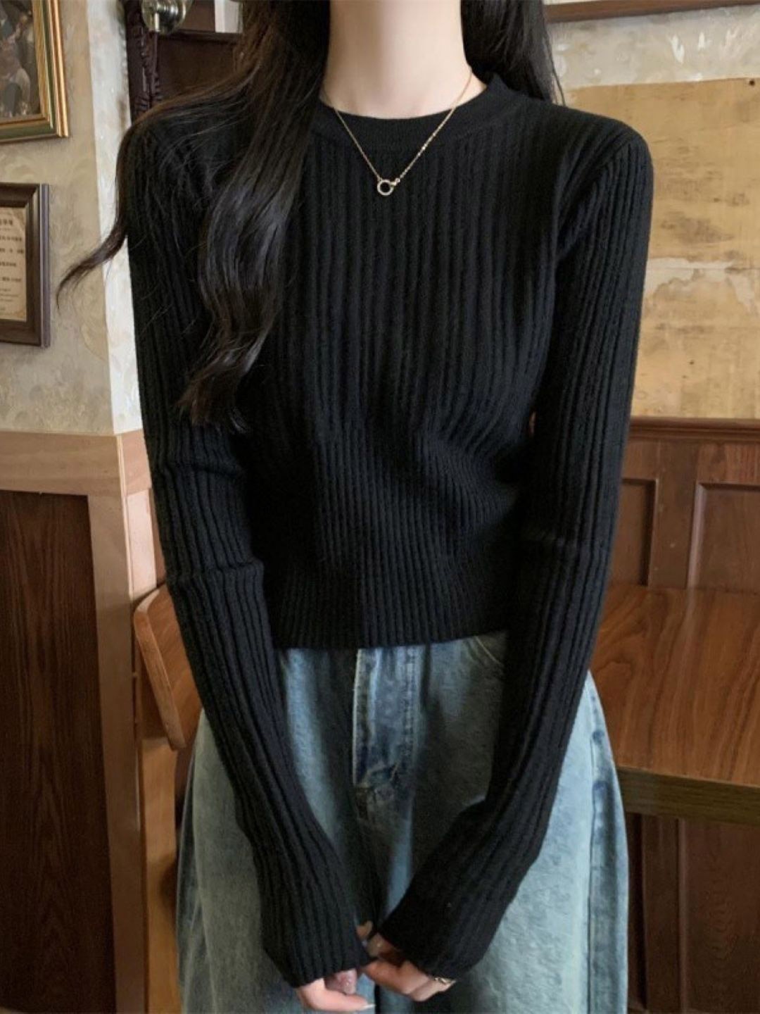 

HERE&NOW Women Striped Round Neck Extended Sleeves Top, Black