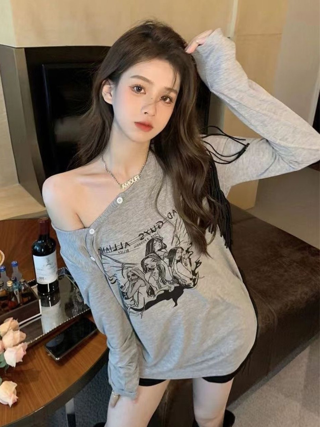 

HERE&NOW Printed One Shoulder Long Sleeves Top, Grey