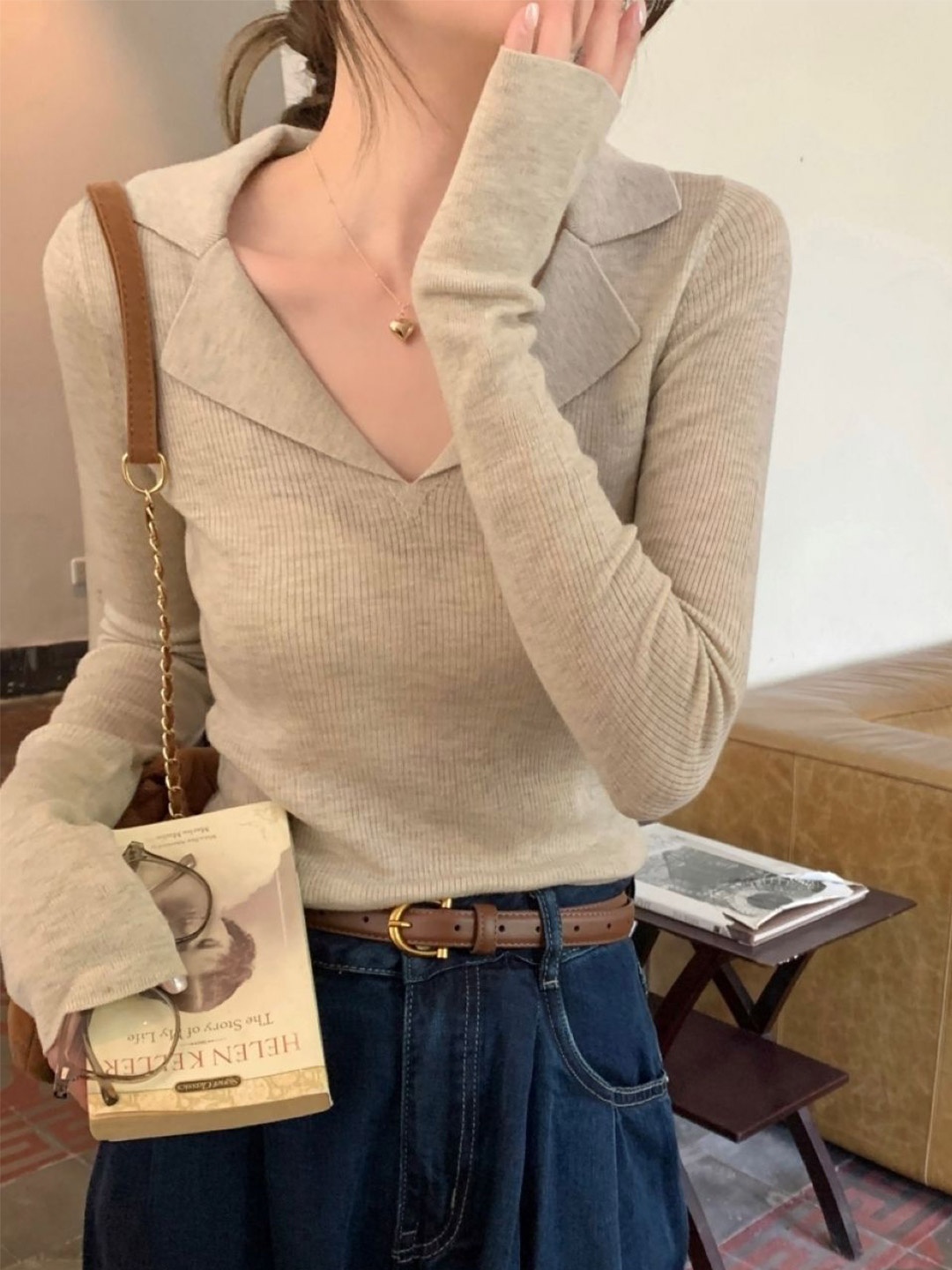 

HERE&NOW Women Lapel Collar Long Sleeves Top, Grey