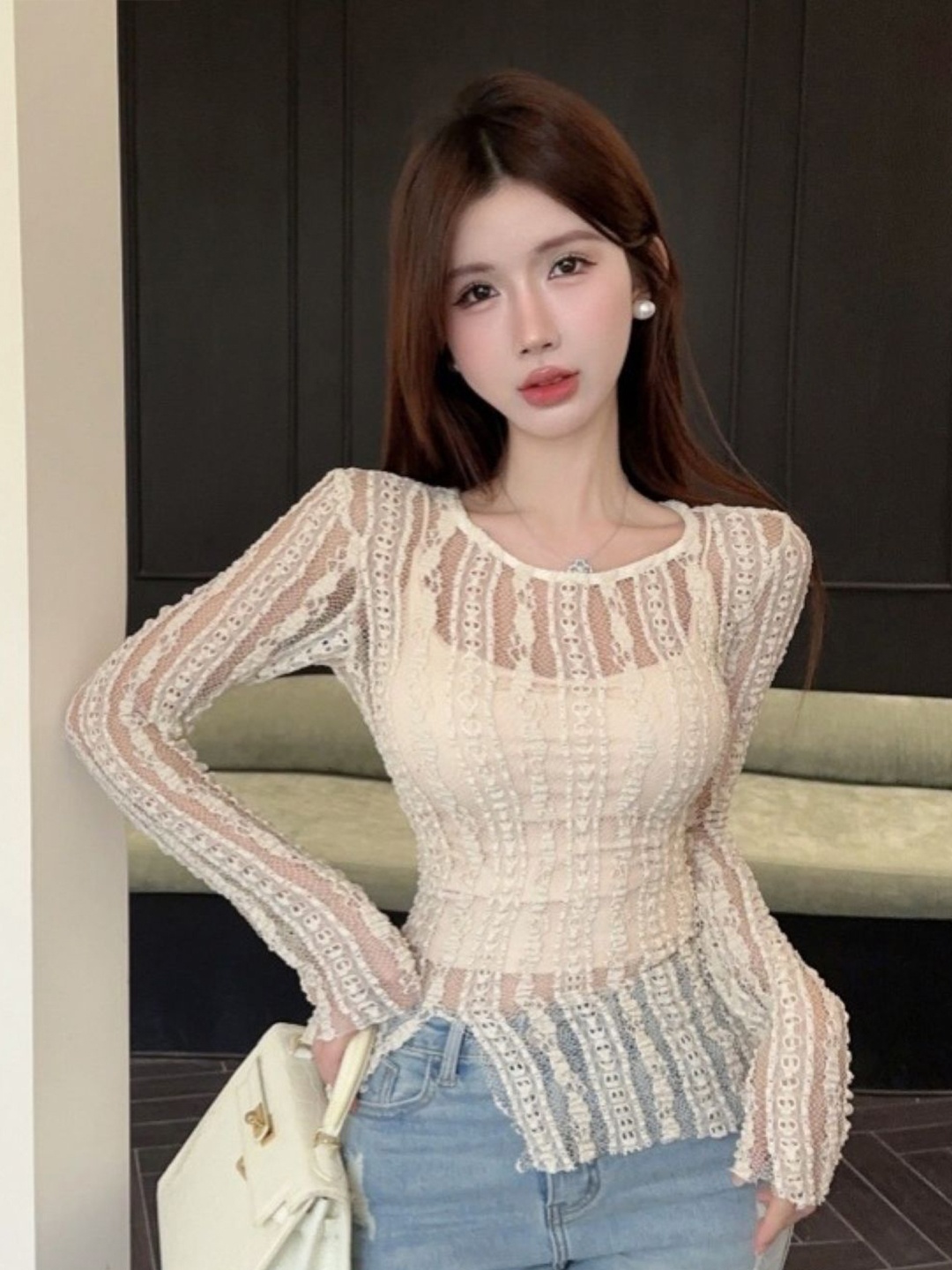 

HERE&NOW Women Self Design Round Neck Extended Sleeves Top, Cream