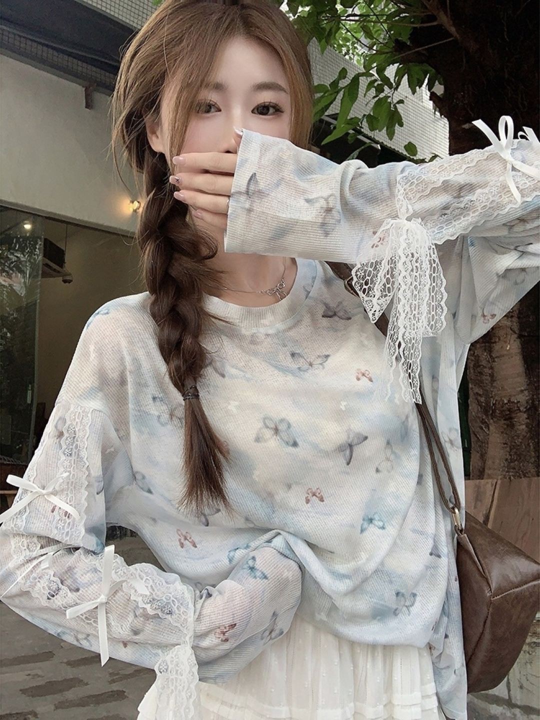 

KPOP Women Round Neck Long Sleeves Printed Top, Blue