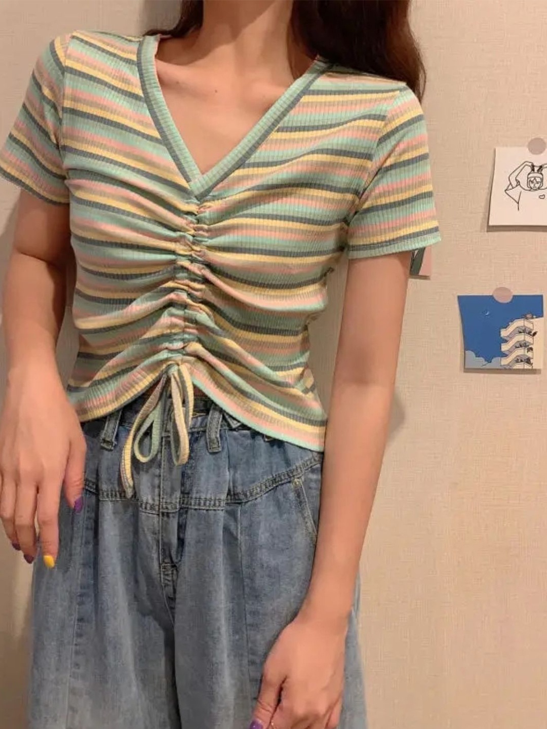 

KPOP Women V-Neck Short Sleeves Striped Top, Green