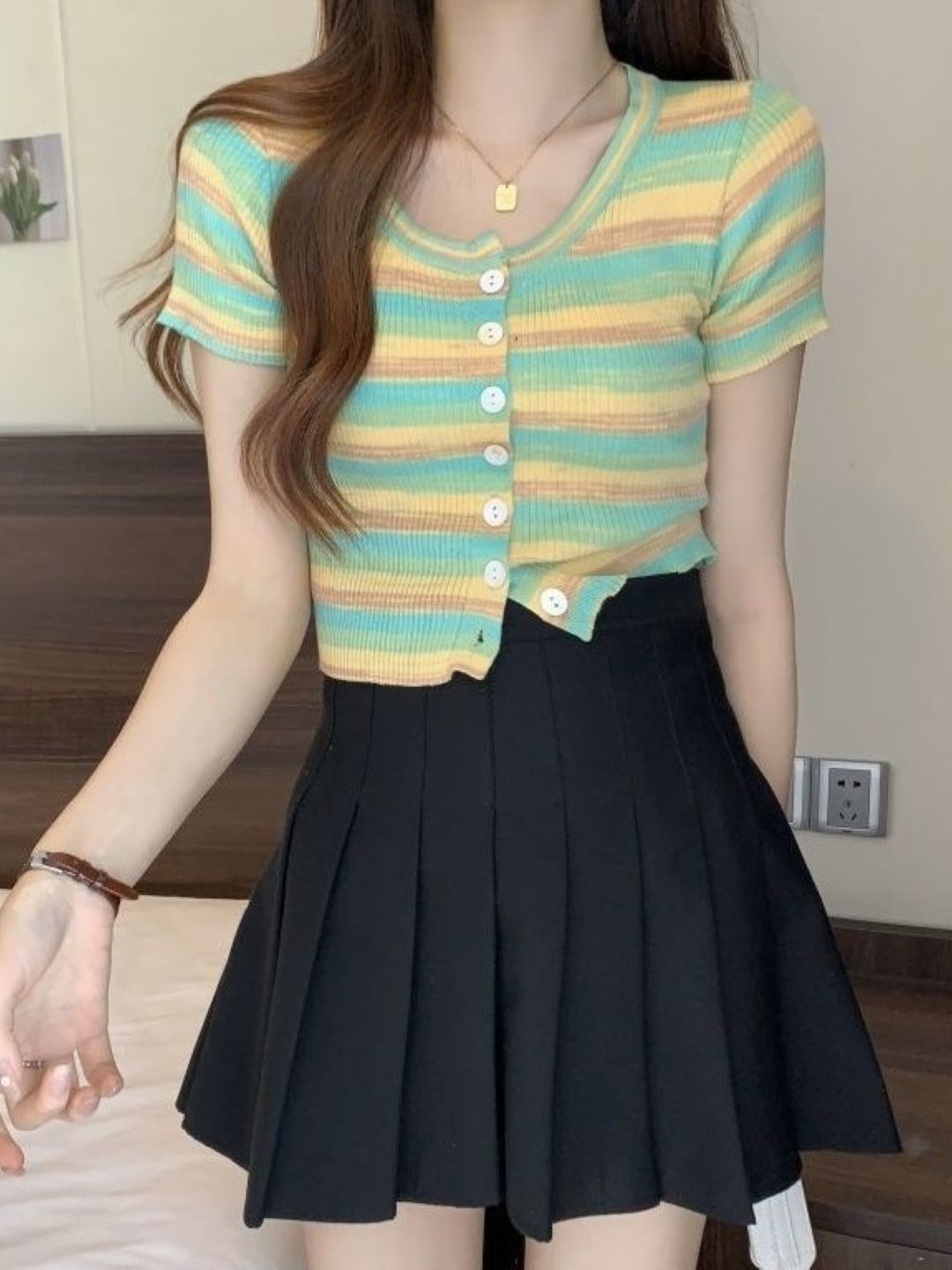 

HERE&NOW Women Striped Scoop Neck Woollen Top, Lime green