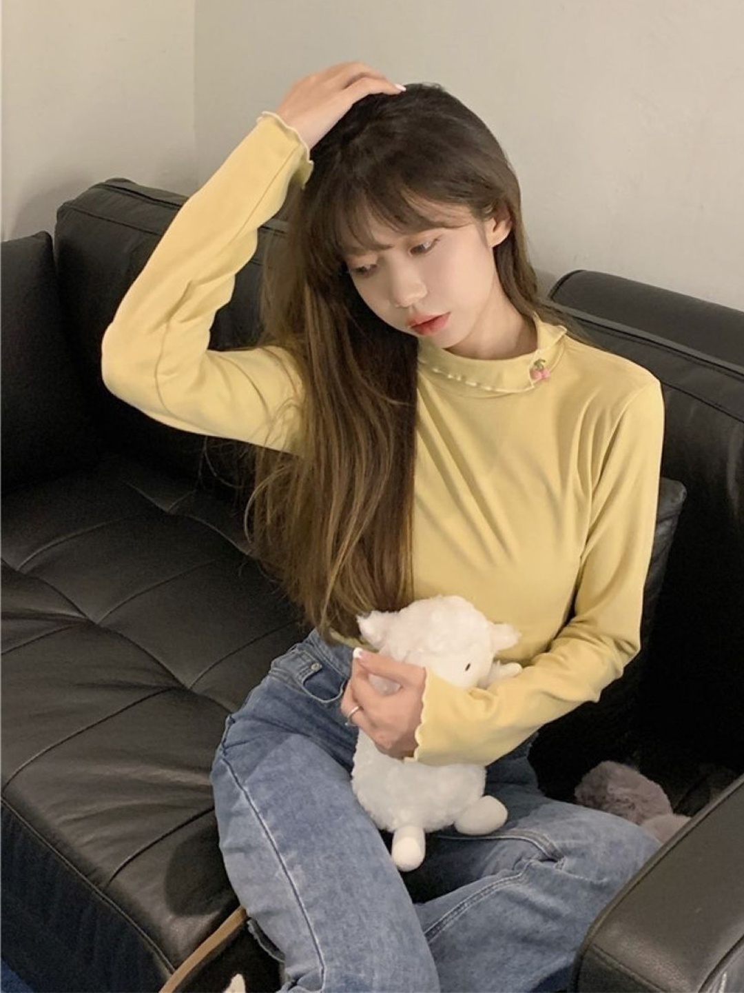 

HERE&NOW Women Solid Round Neck Long Sleeves Top, Yellow