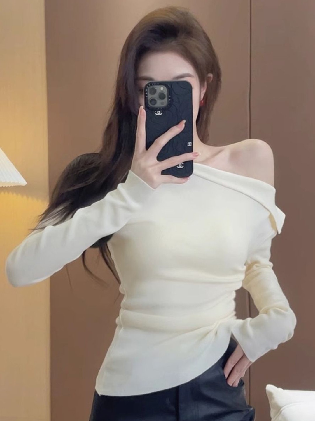 

HERE&NOW Women One Shoulder Long Extended Sleeves Top, White