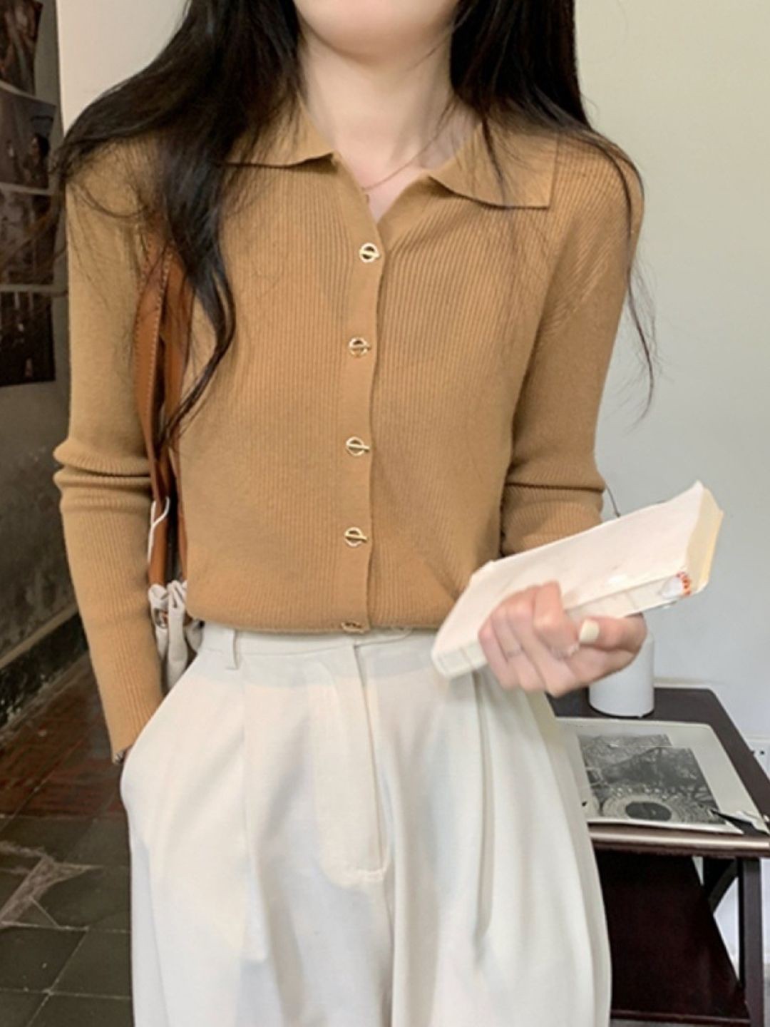 

HERE&NOW Shirt Collar Long Sleeves Top, Brown