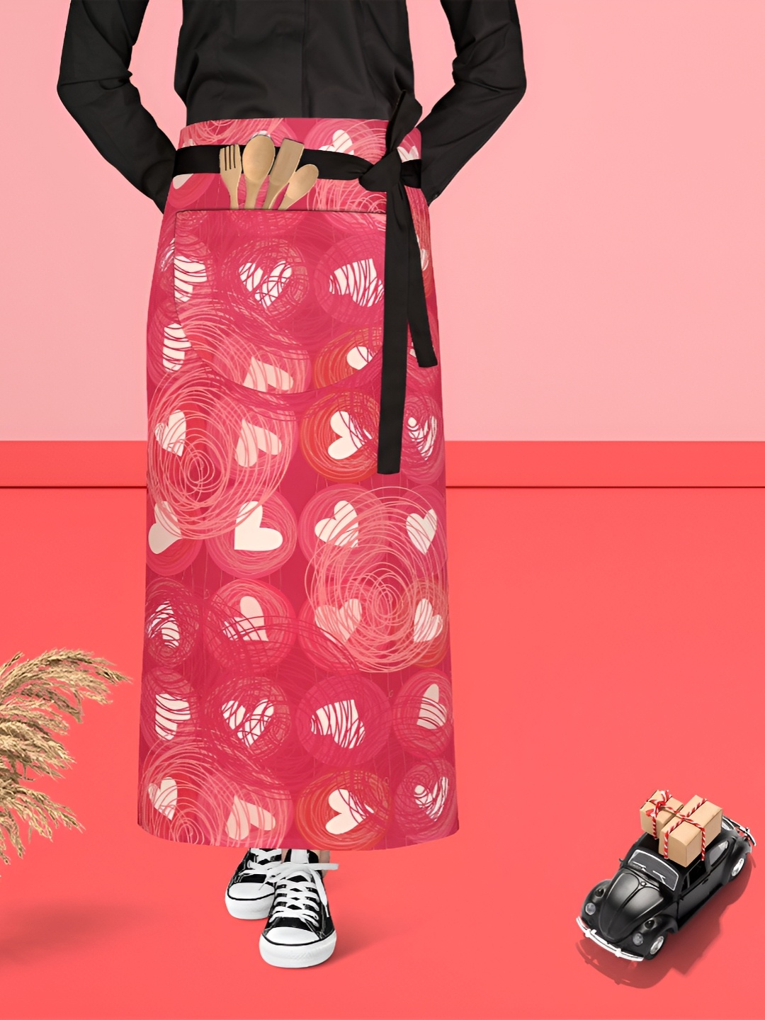 

ArtzFolio Red & White Cotton Printed Waist to Feet Apron