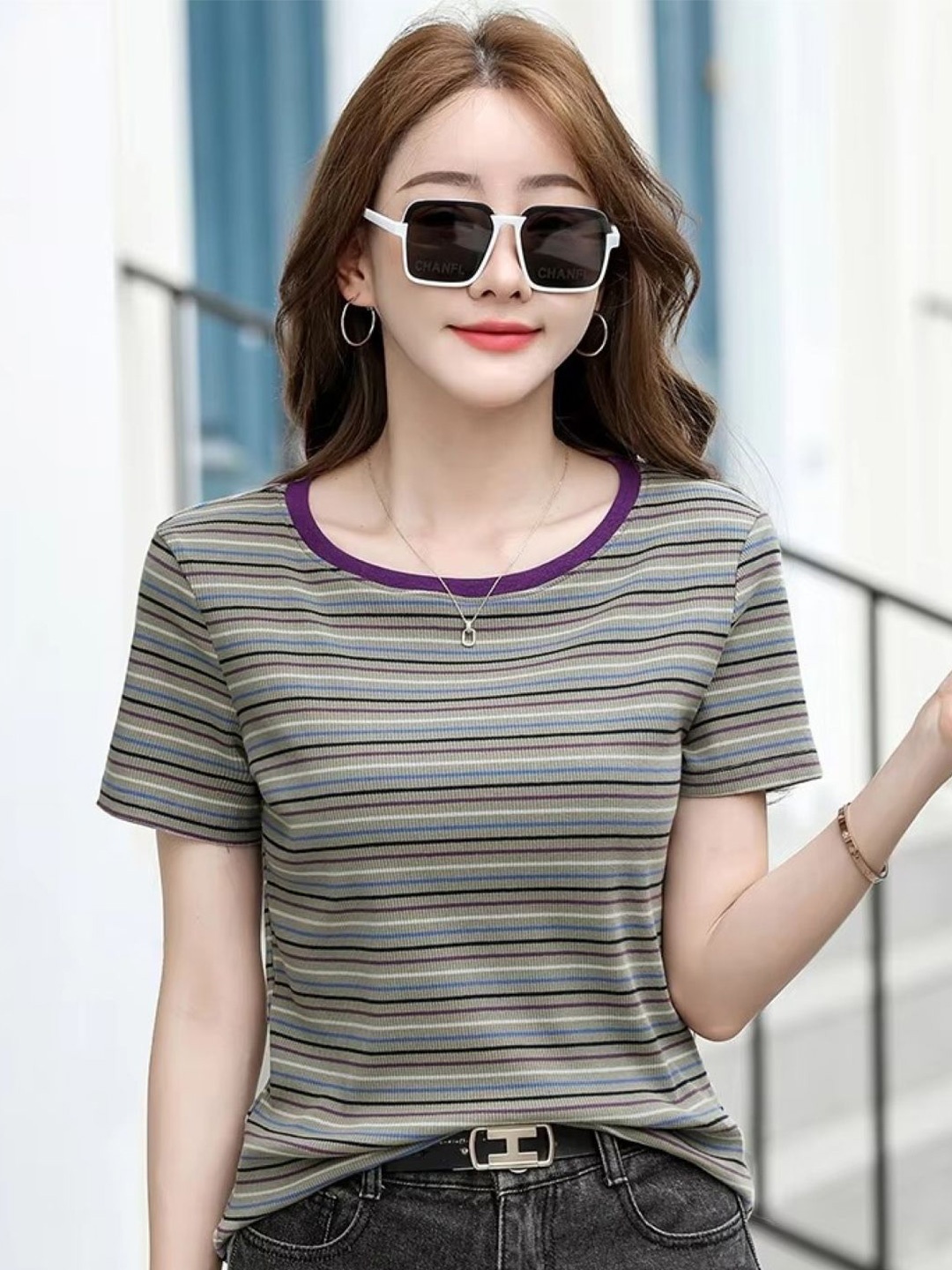 

KPOP Women Striped Round Neck Top, Grey