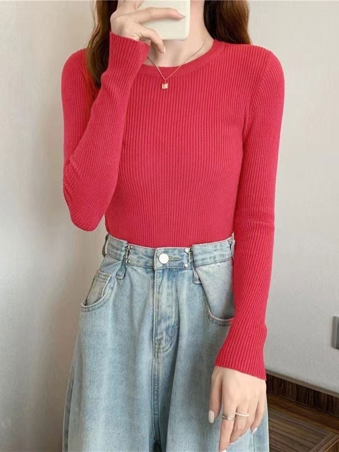 

KPOP Women Round Neck Long Sleeves Top, Pink