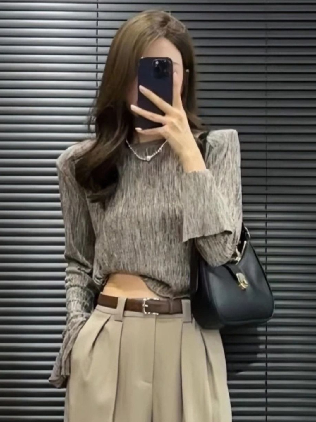 

HERE&NOW Women Round Neck Extended Sleeves Top, Grey
