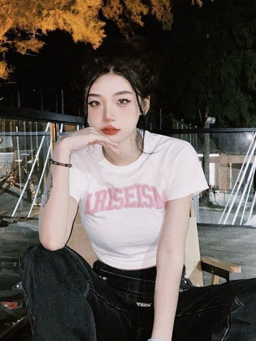 

KPOP Women Round Neck Short Sleeves Typography Print Crop Top, Pink
