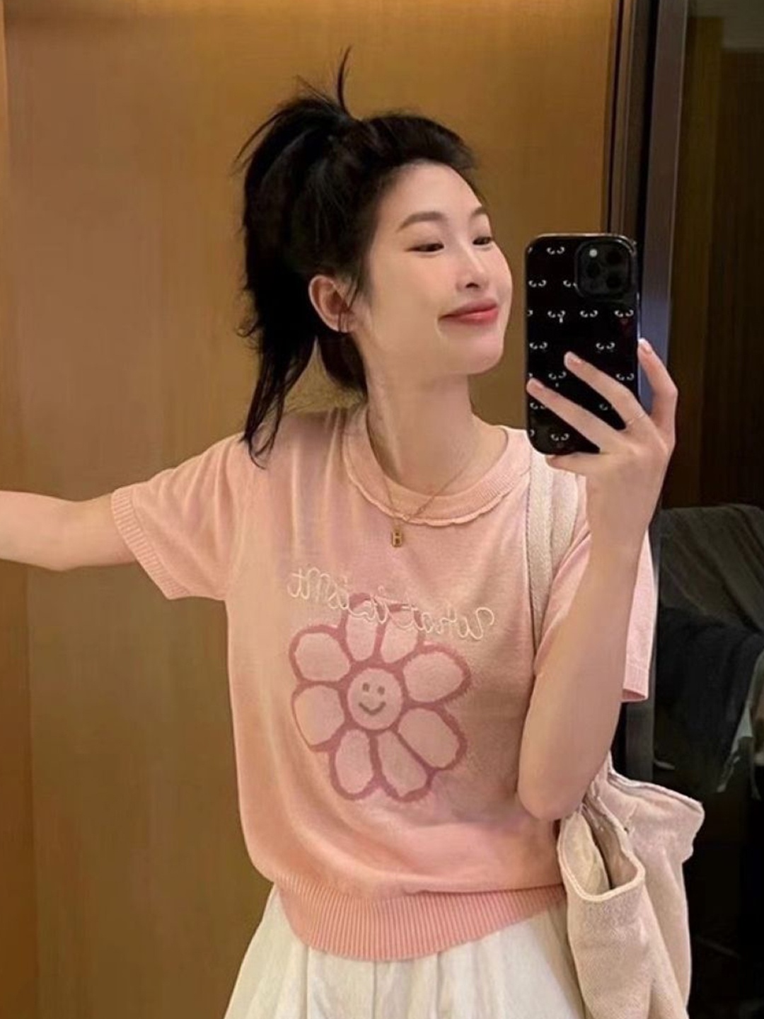 

KPOP Round Neck Short Sleeves Cotton Top, Pink