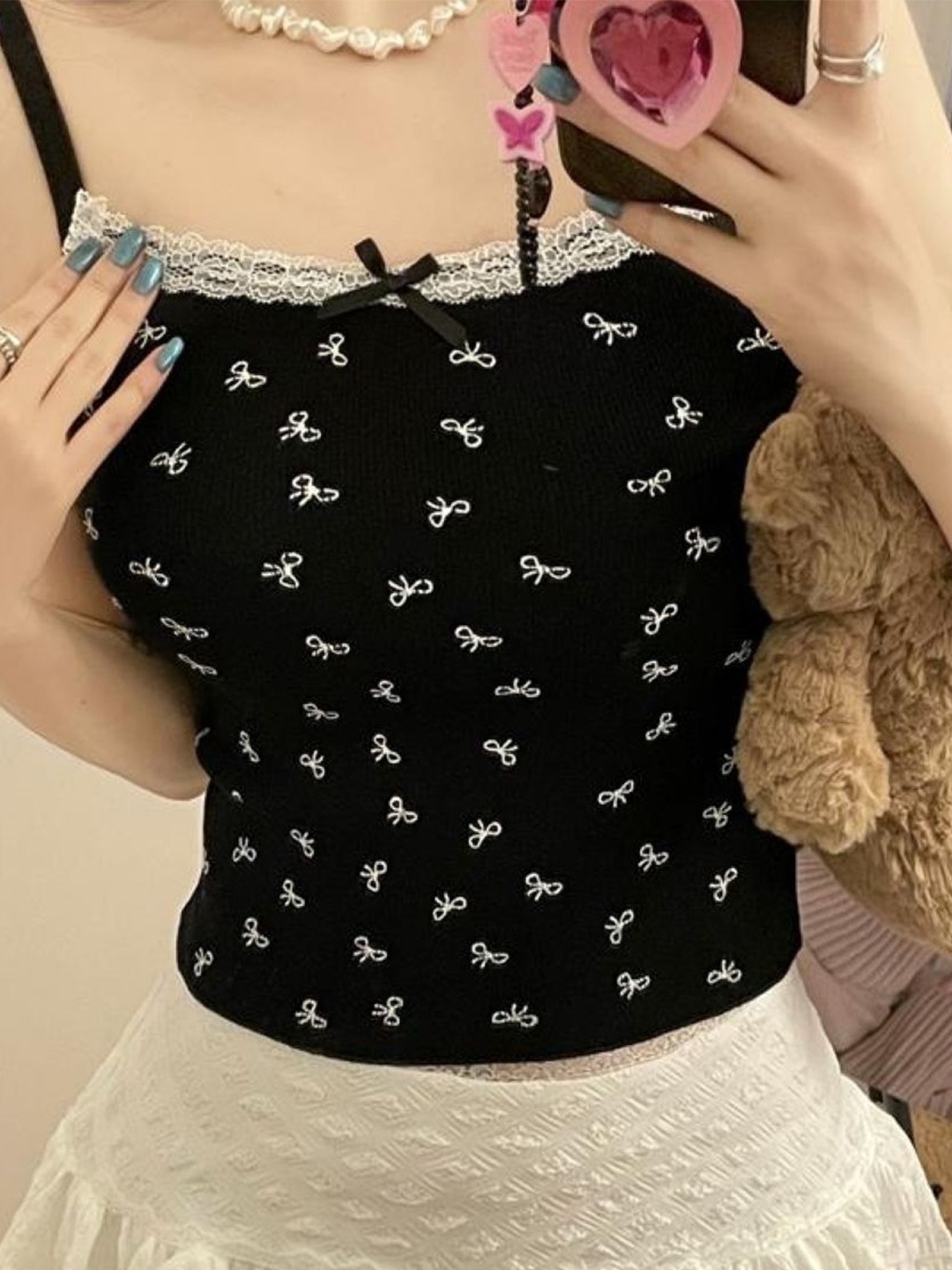

KPOP Women Printed Shoulder Straps Top, Black