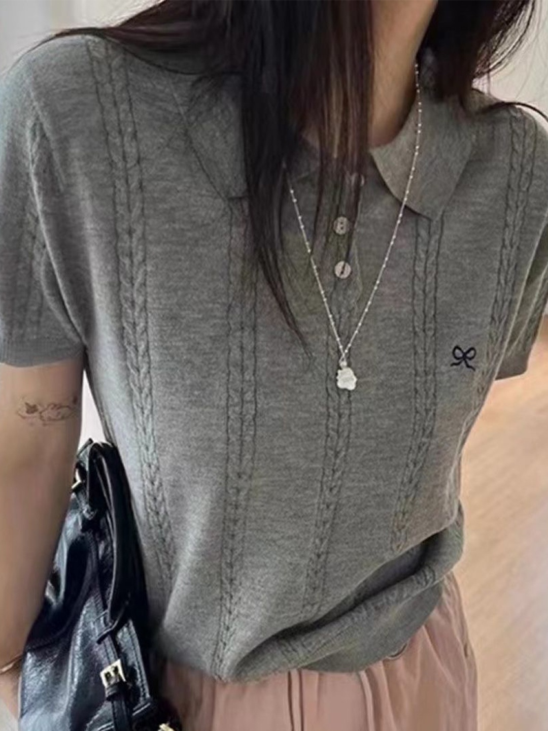 

KPOP Women Shirt Collar Short Sleeves Top, Grey