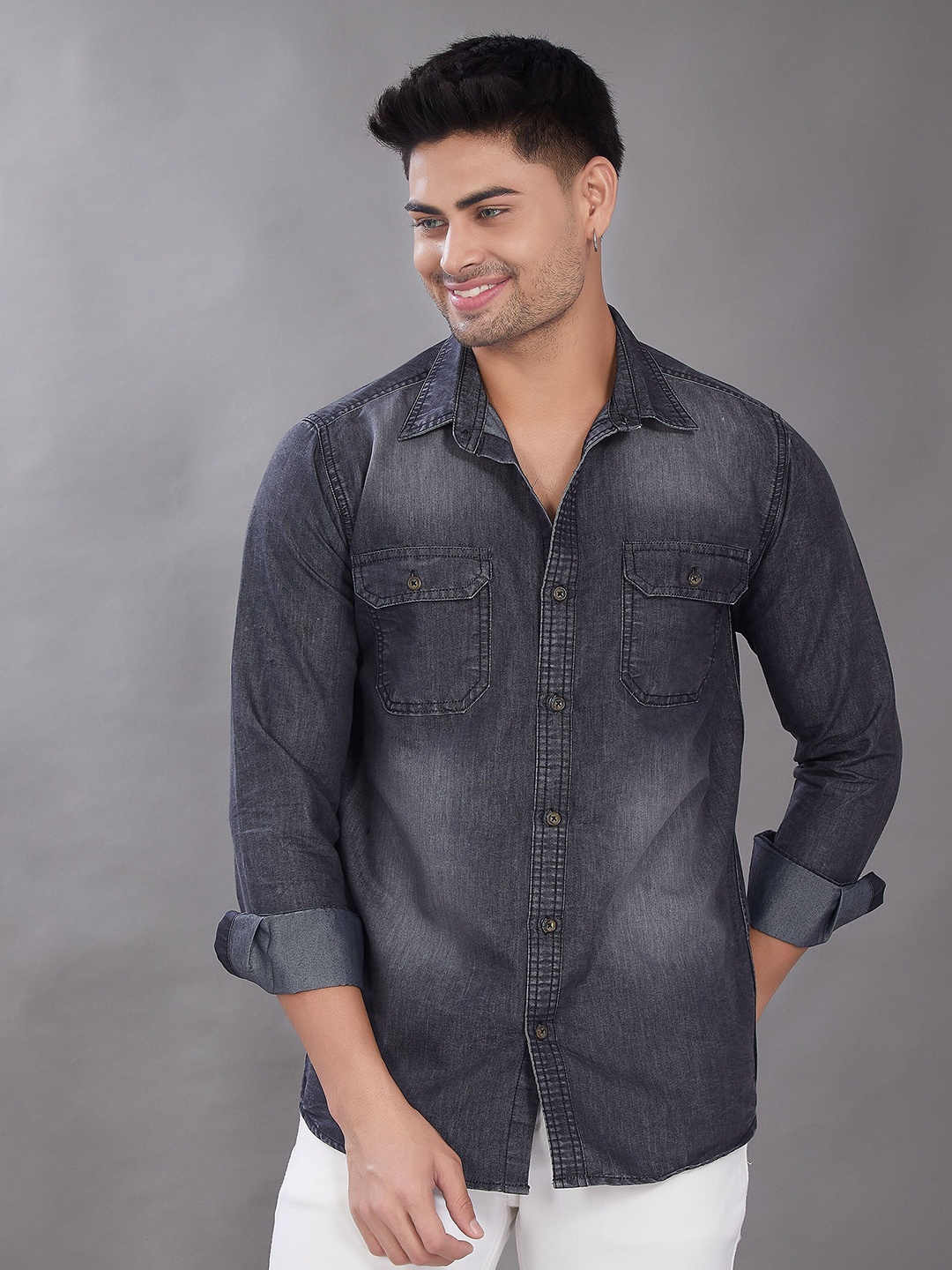 

DIVISIVE Men Club Spread Collar Faded Cotton Slim Fit Casual Shirt, Grey
