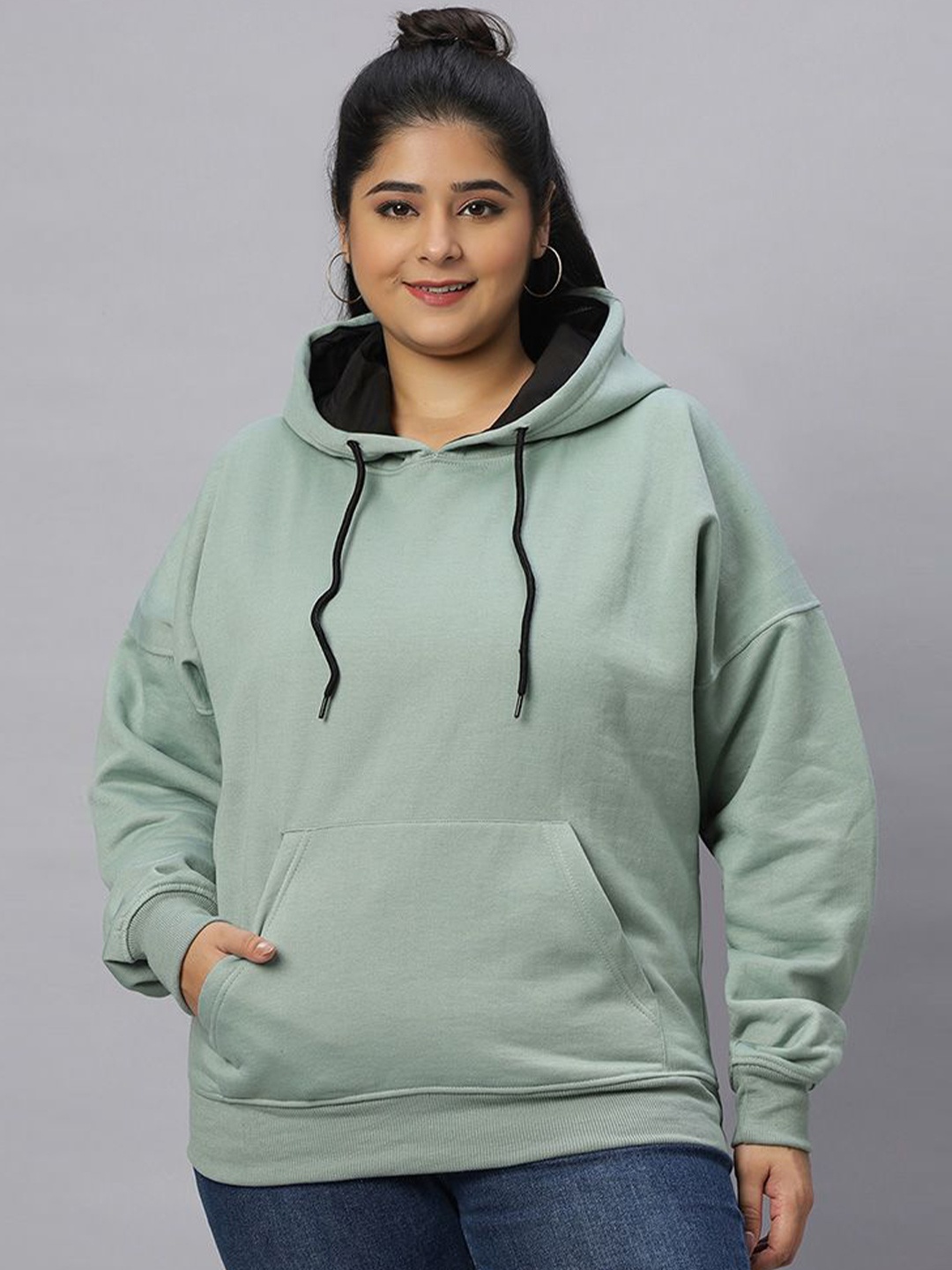 

Wear Your Opinion Women Plus Size Drop Shoulder Kangaroo Pocket Hooded Sweatshirt, Sea green