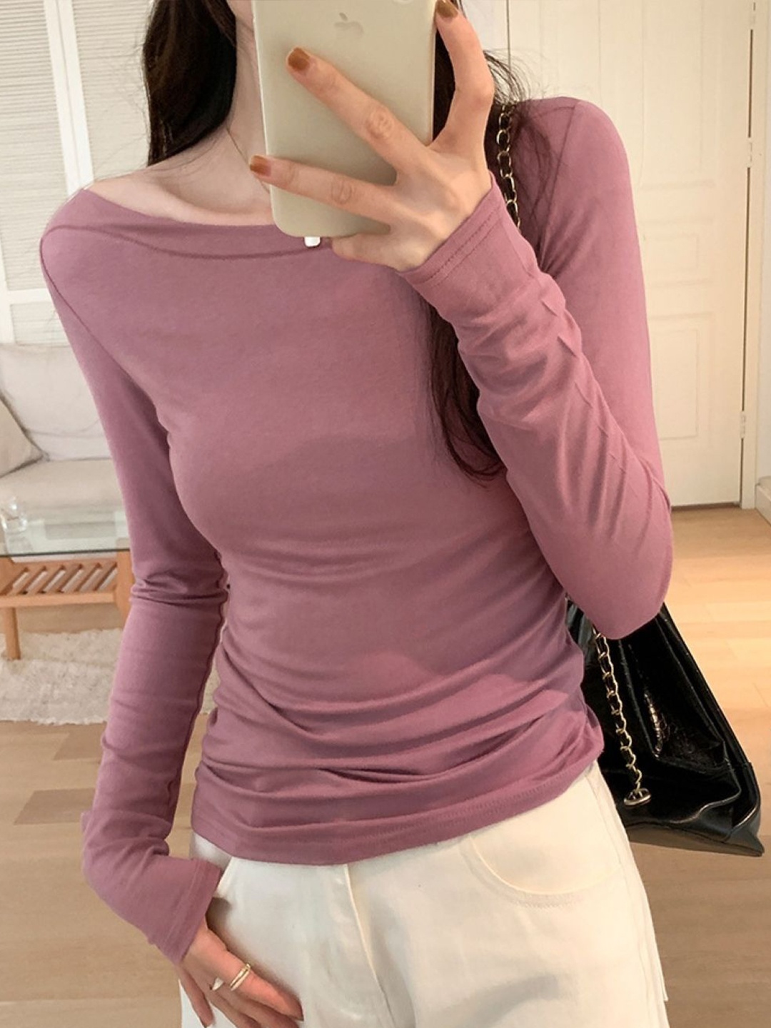 

HERE&NOW Women One Shoulder Extended Sleeves Top, Pink