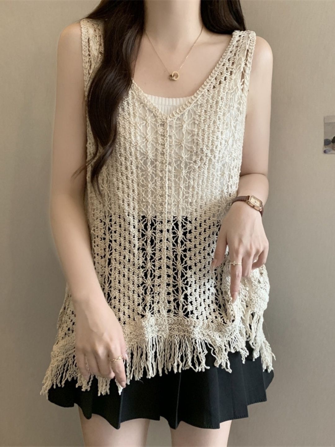 

KPOP Women V-Neck Self Design Knitted Top, Khaki