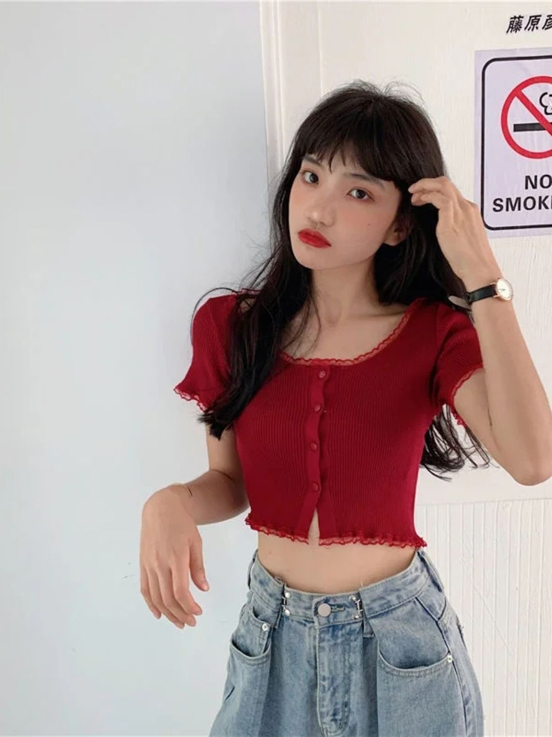 

KPOP Women Scoop Neck Short Sleeves Crop Top, Red