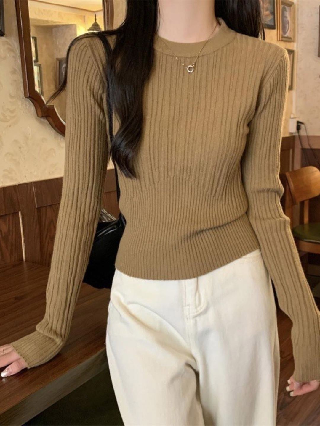 

HERE&NOW Women Extended Sleeves Round Neck Top, Brown