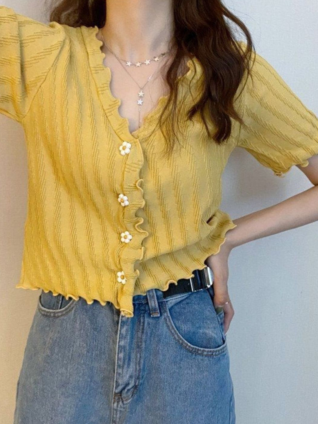 

HERE&NOW V-Neck Long Sleeves Solid Top, Yellow