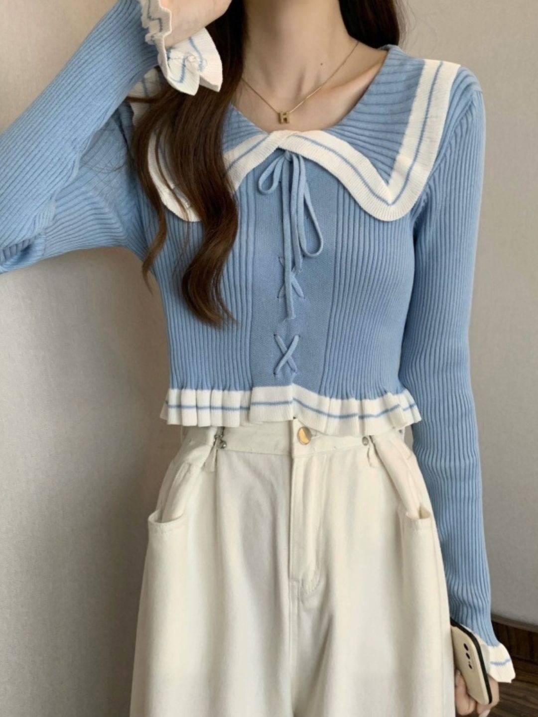 

HERE&NOW Women Peter Pan Collar Long Sleeves Crop Top, Blue