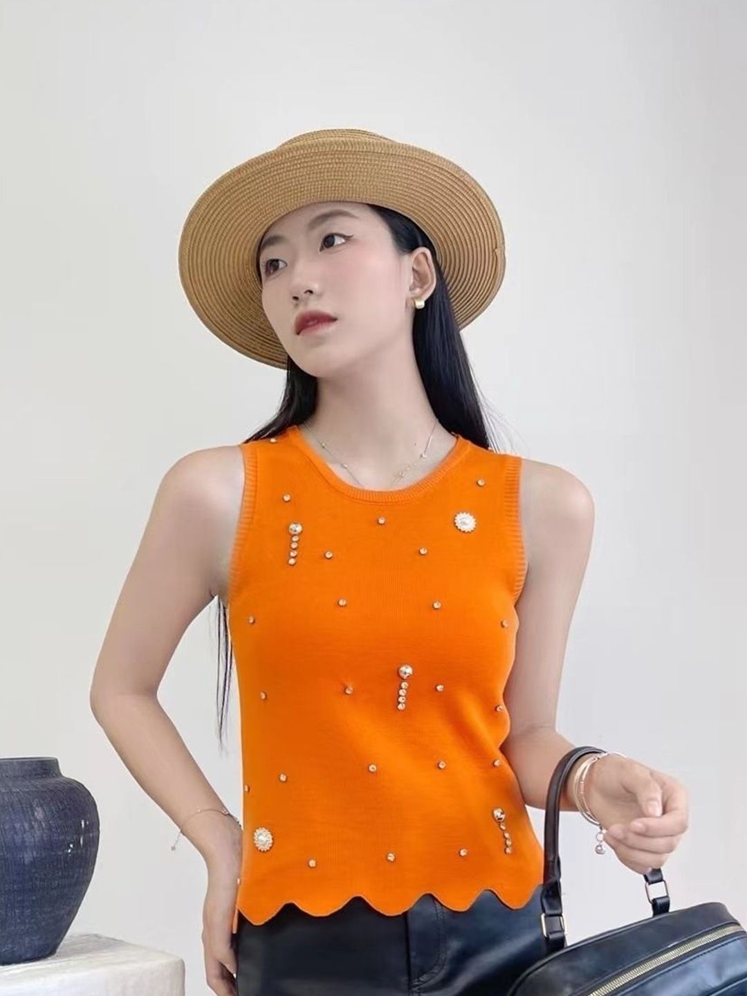 

KPOP Women Embellished Round Neck Sleeveless Top, Orange