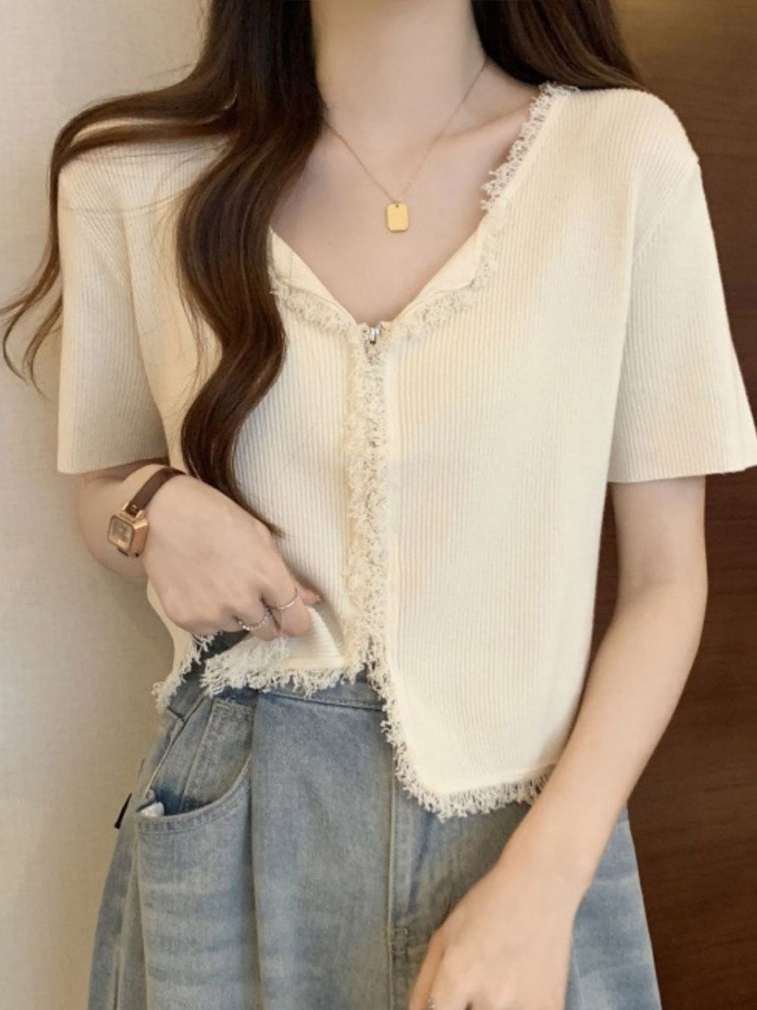 

HERE&NOW Women Vertical Stripes Striped Regular Top, Cream