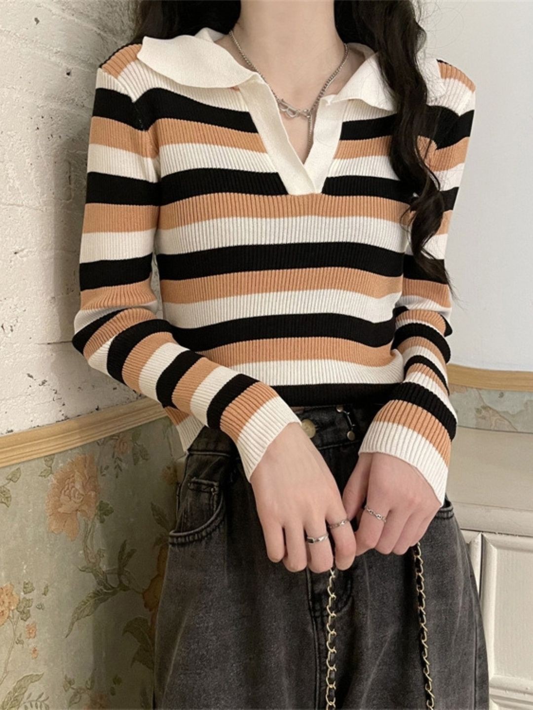 

HERE&NOW Women Shirt Collar Extended Sleeves Striped Top, Brown