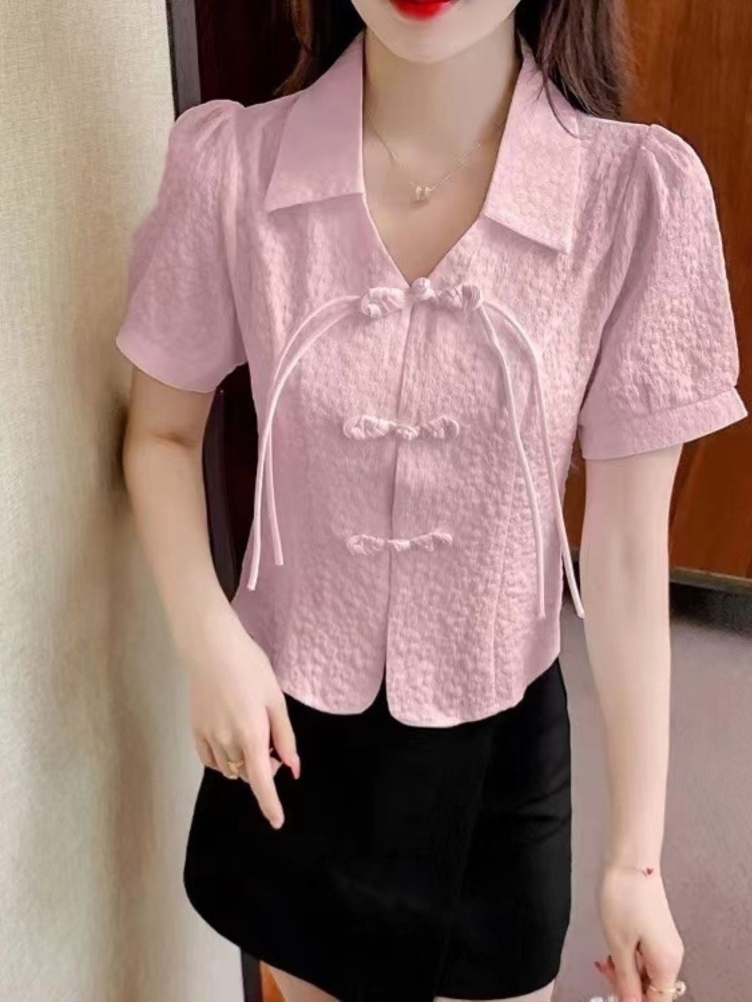 

KPOP Women Shirt Collar Short Sleeves Top, Pink