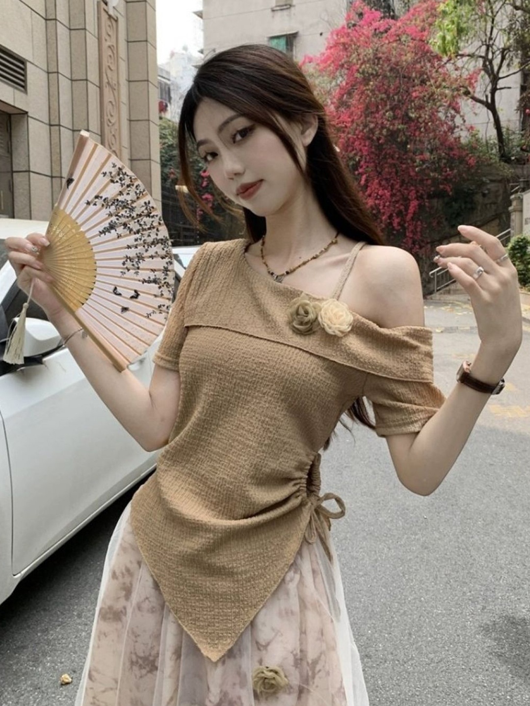 

KPOP Women Self Design One Shoulder Top, Brown