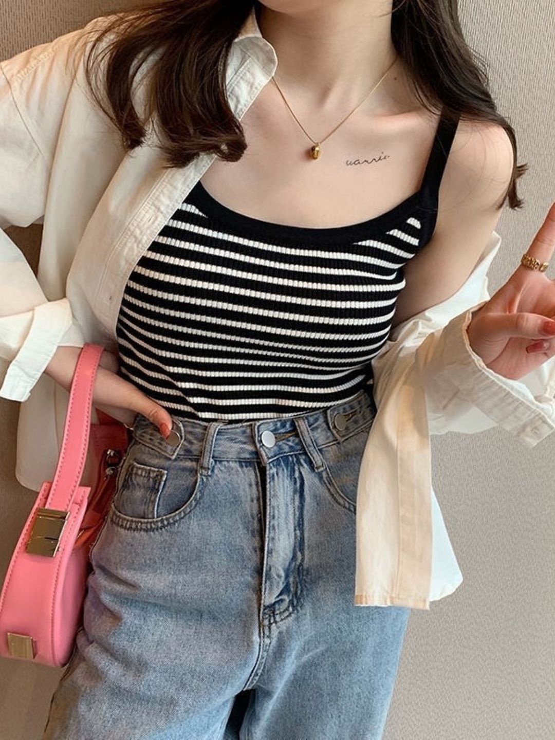 

HERE&NOW Women Striped Shoulder Straps Sleeveless Top, Black