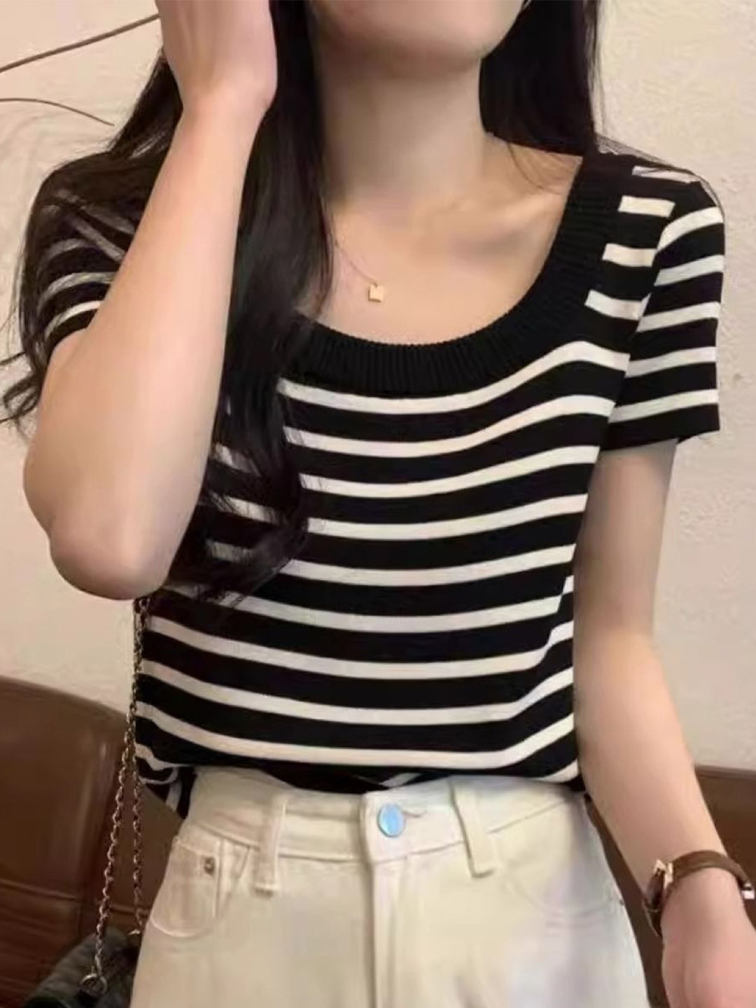 

HERE&NOW Women Striped Top, Black