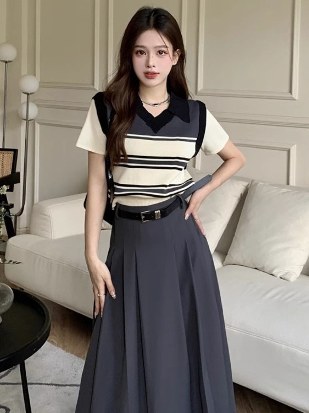 

HERE&NOW Women Shirt Collar Striped Woollen Sweater Vest, Black