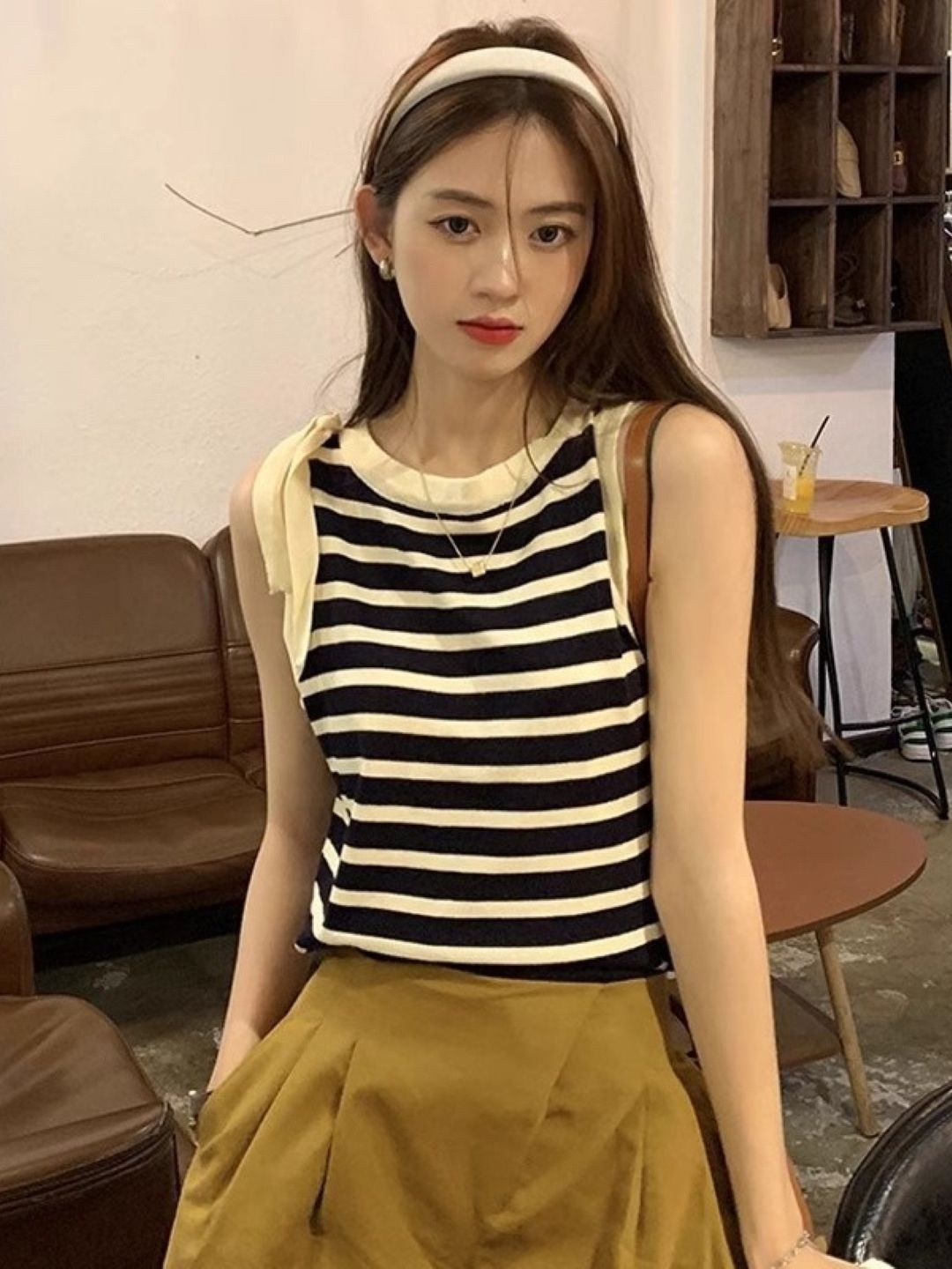 

HERE&NOW Women Striped Round Neck Sleeveless Top, Black