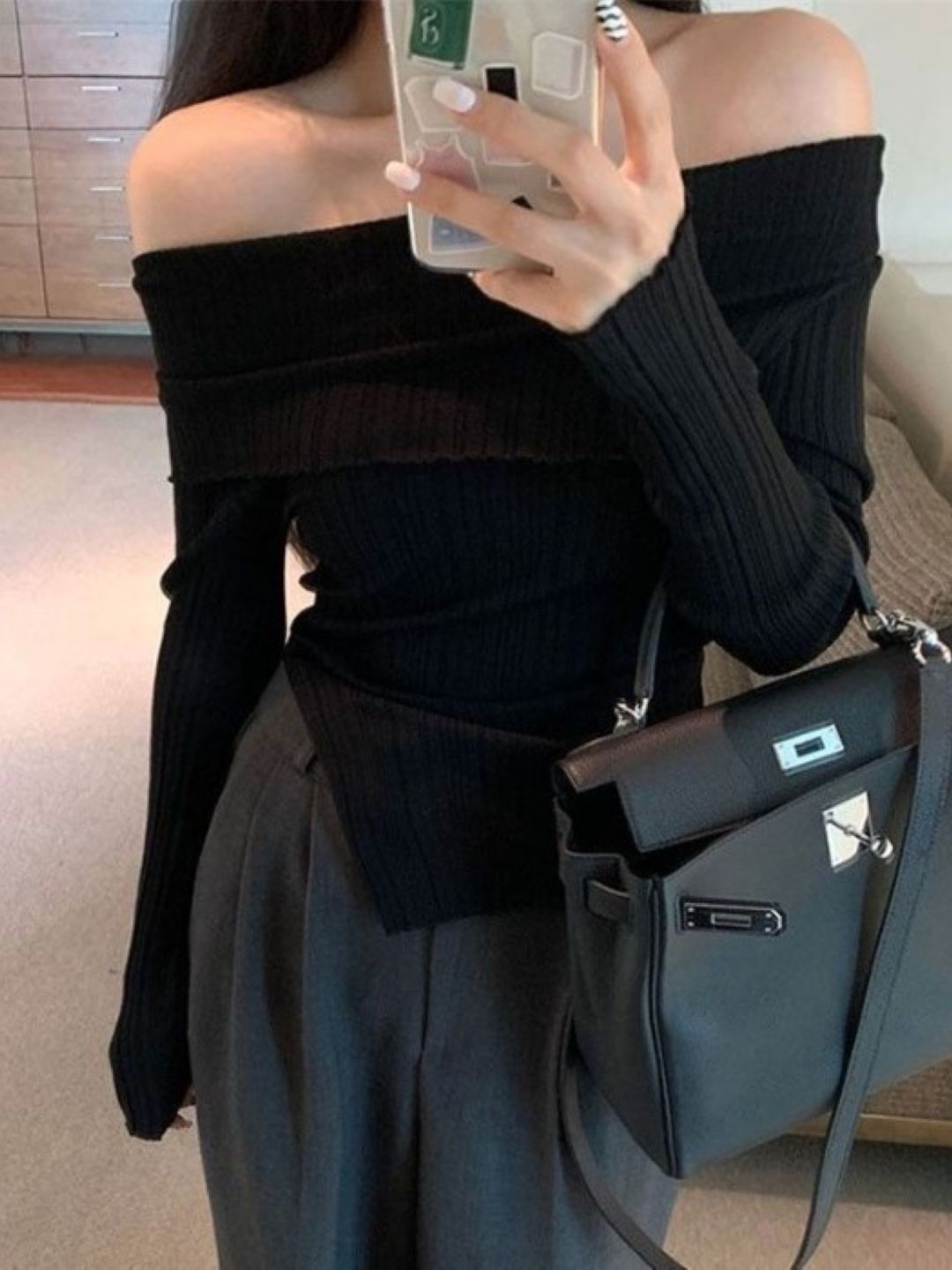 

HERE&NOW Women Off-Shoulder Extended Sleeves Top, Black