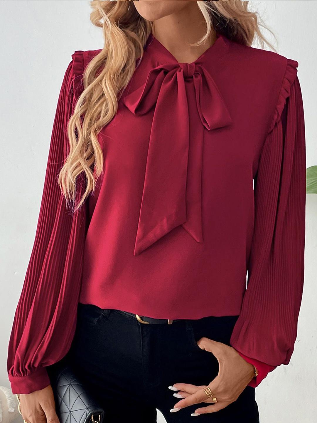 

StyleCast Women Tie-Up Neck Cuffed Sleeves Blouson Top, Maroon