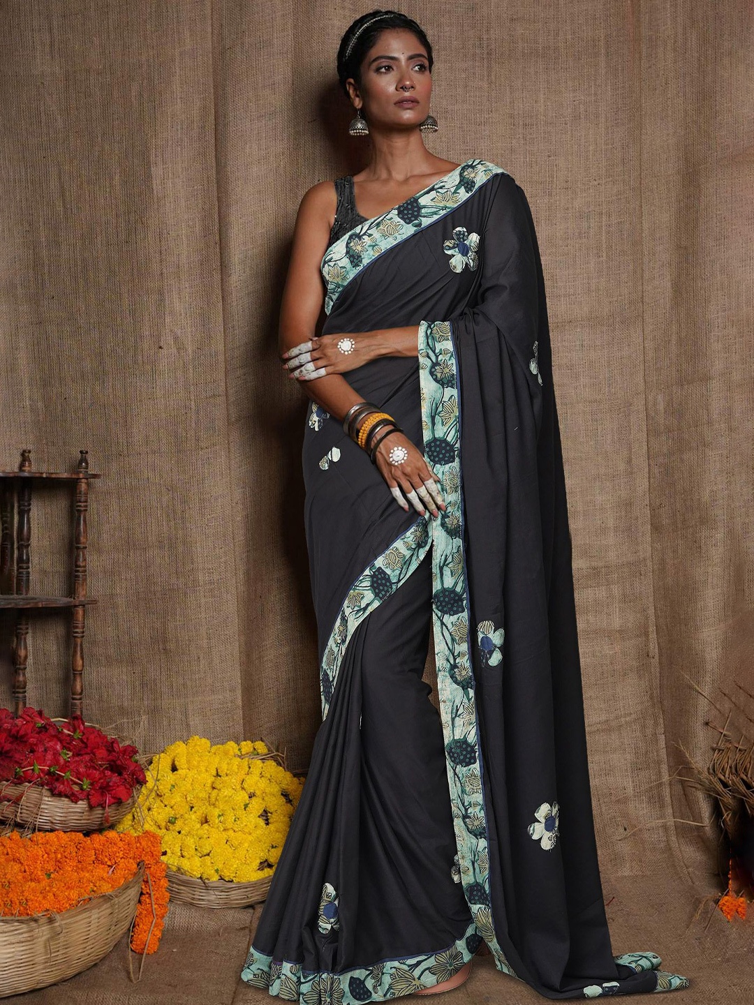 

Unnati Silks Floral Patchwork Pure Cotton Handloom Block Print Saree, Black