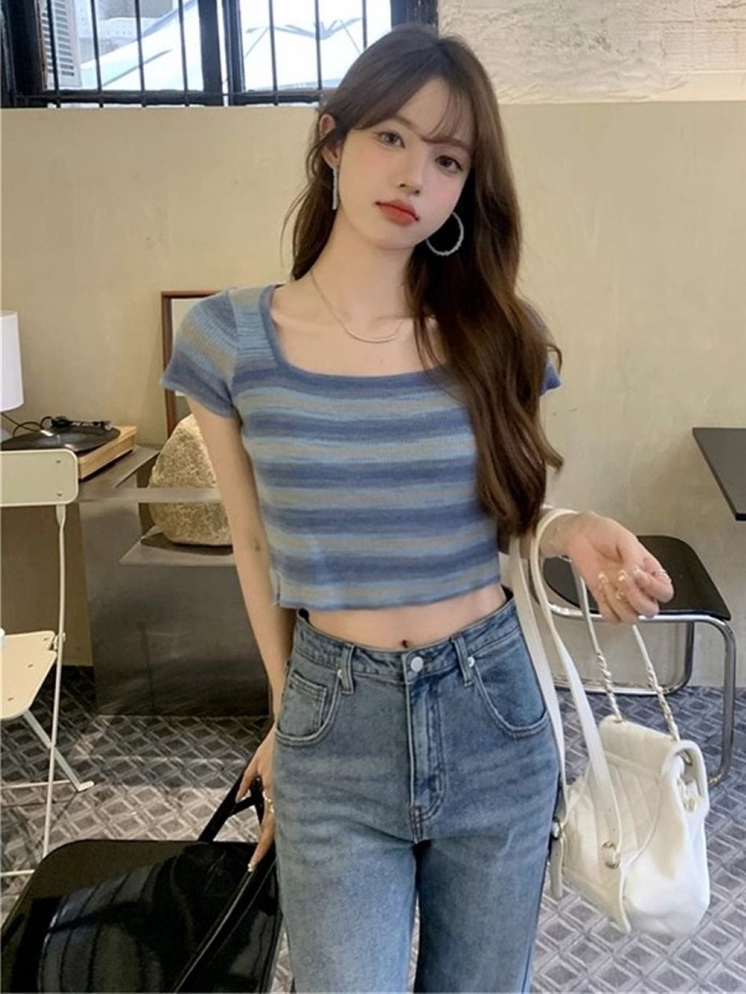 

HERE&NOW Women Striped Woollen Top, Blue