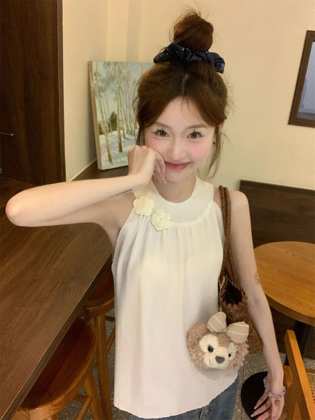 

KPOP Women Round Neck Sleeveless Top, Cream