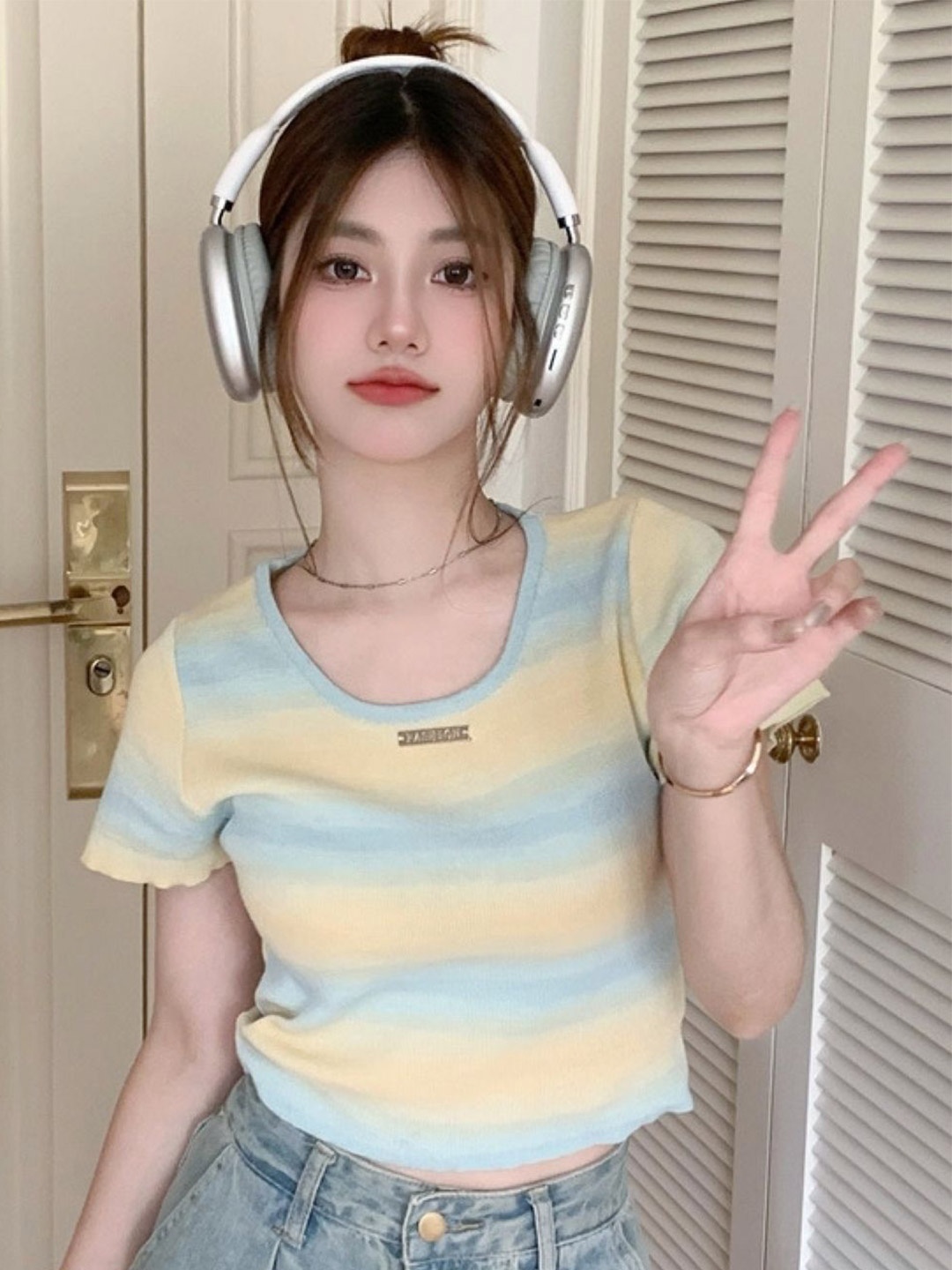 

HERE&NOW Women Striped Round Neck Cotton Top, Blue