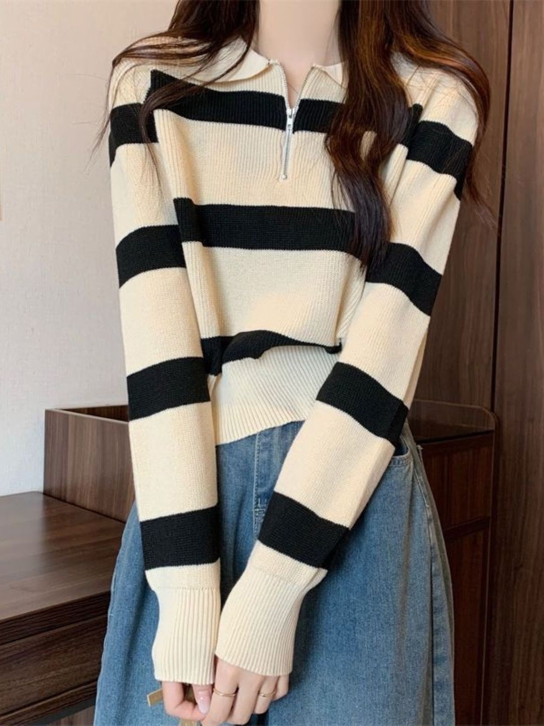 

HERE&NOW Women Horizontal Striped Shirt Collar Long Extended Sleeves Cotton Top, Khaki