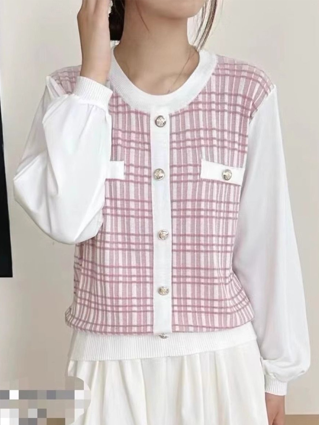 

KPOP Checked Regular Cuffed Sleeves Top, Pink