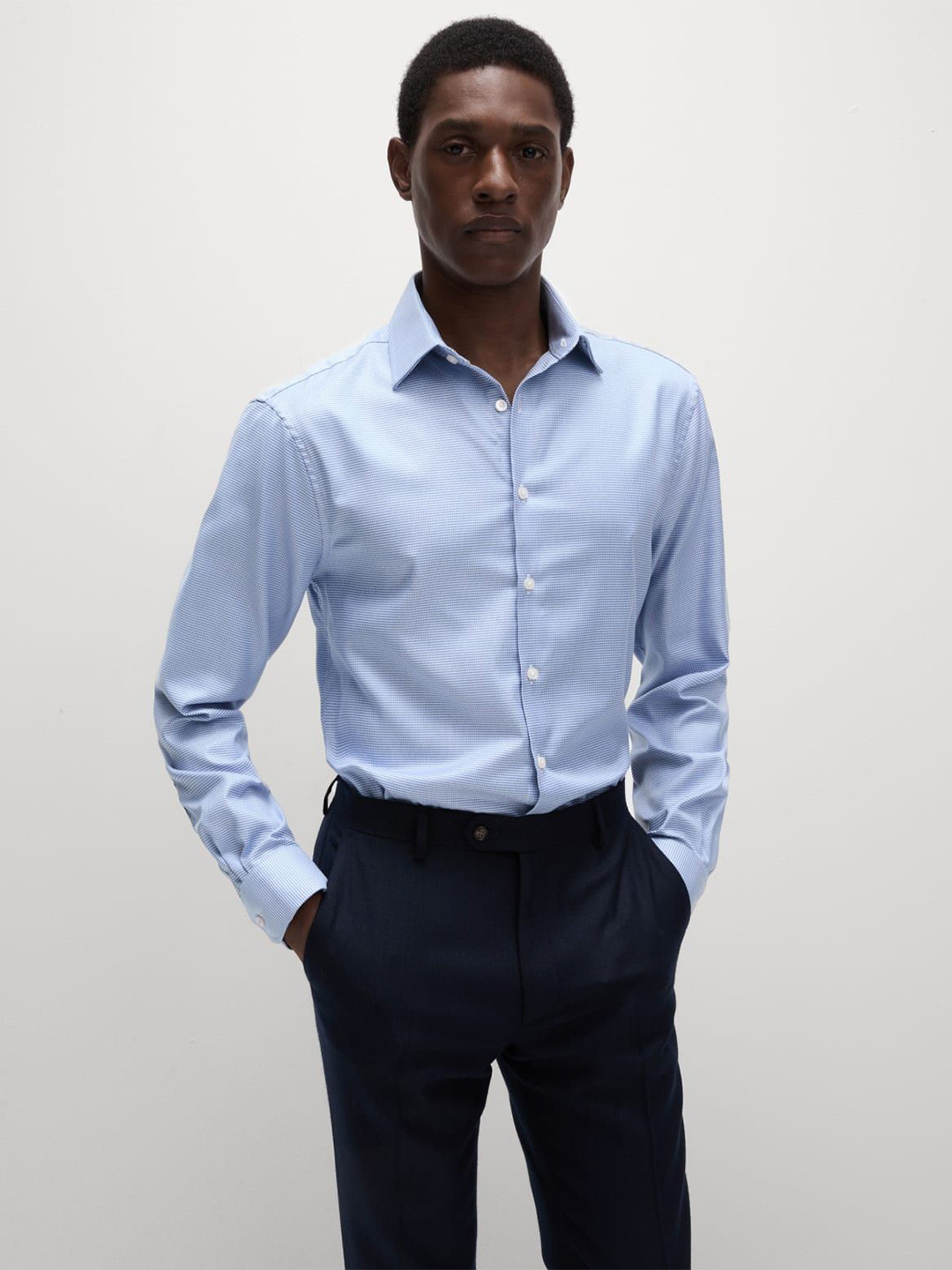 

Marks & Spencer Men Spread Collar Micro Ditsy Printed Cotton Formal Shirt, Blue