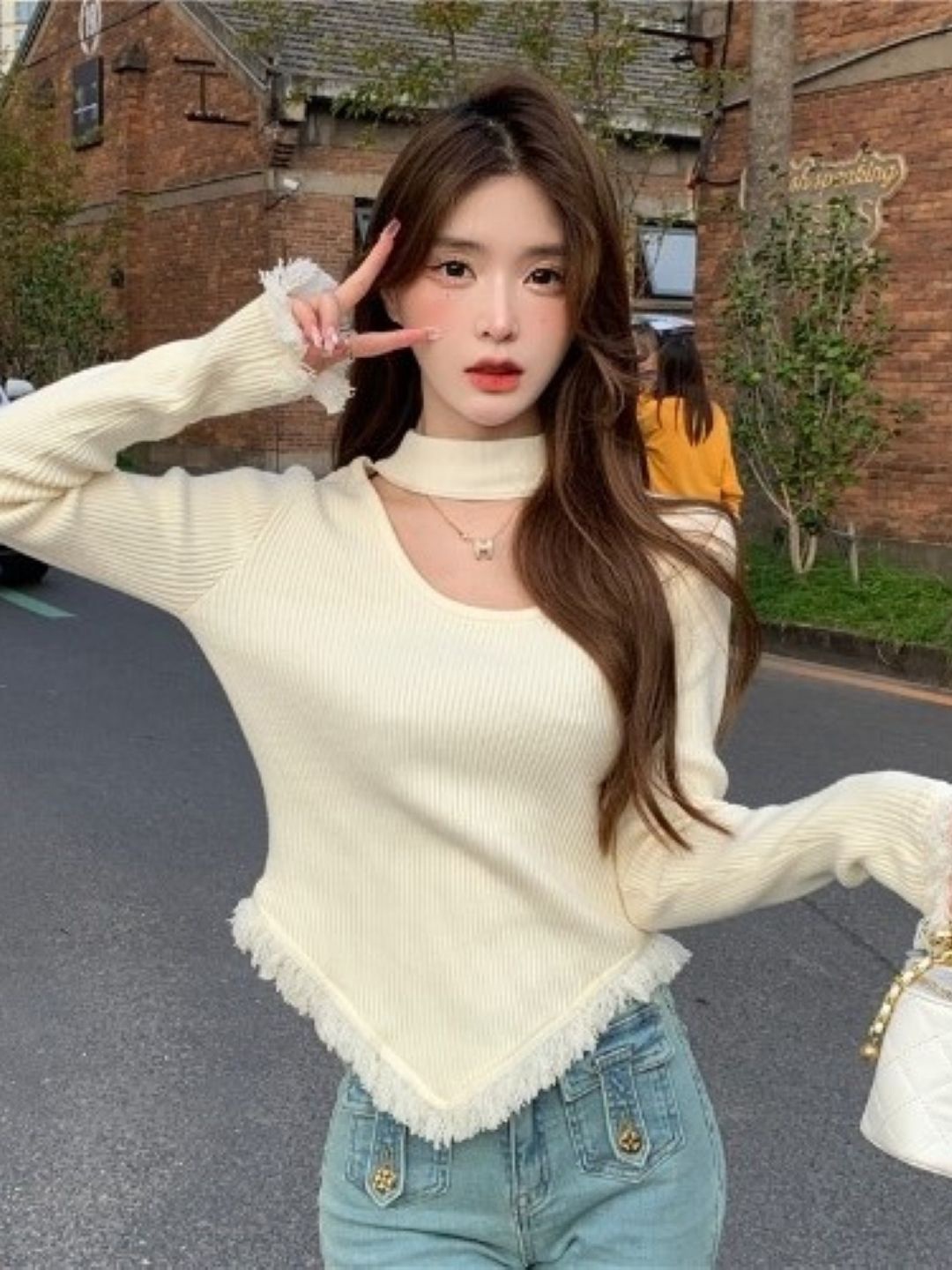

HERE&NOW Women Choker Neck Extended Sleeves Top, Cream