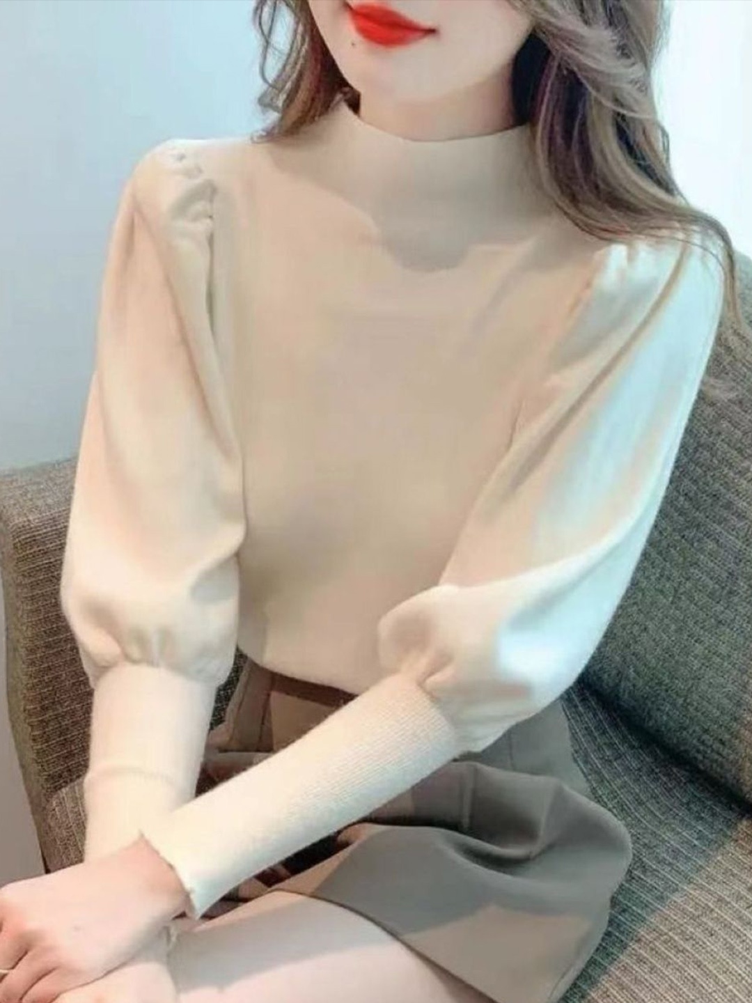 

HERE&NOW Women Mandarin Collar Long Sleeves Top, Cream