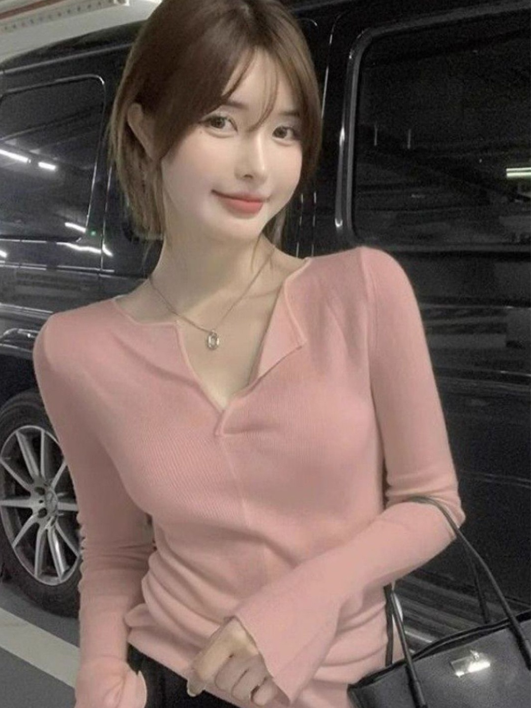 

HERE&NOW Womens Polyester V-Neck Long Sleeves Top, Pink
