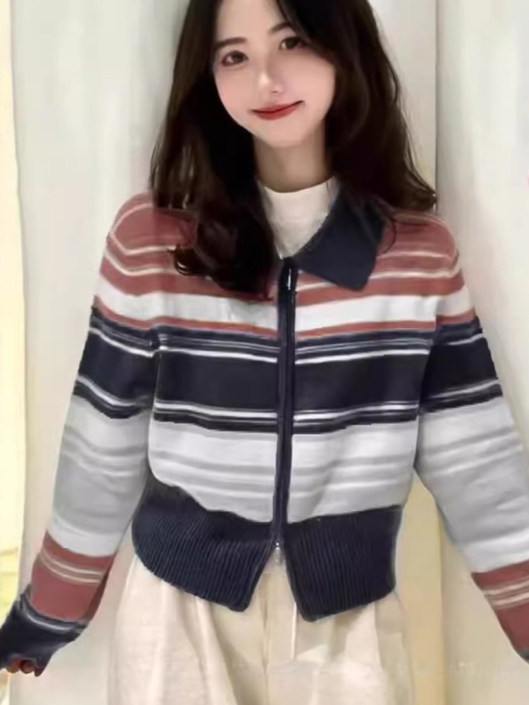 

KPOP Women Striped Shirt Collar Extended Sleeves Top, Brown