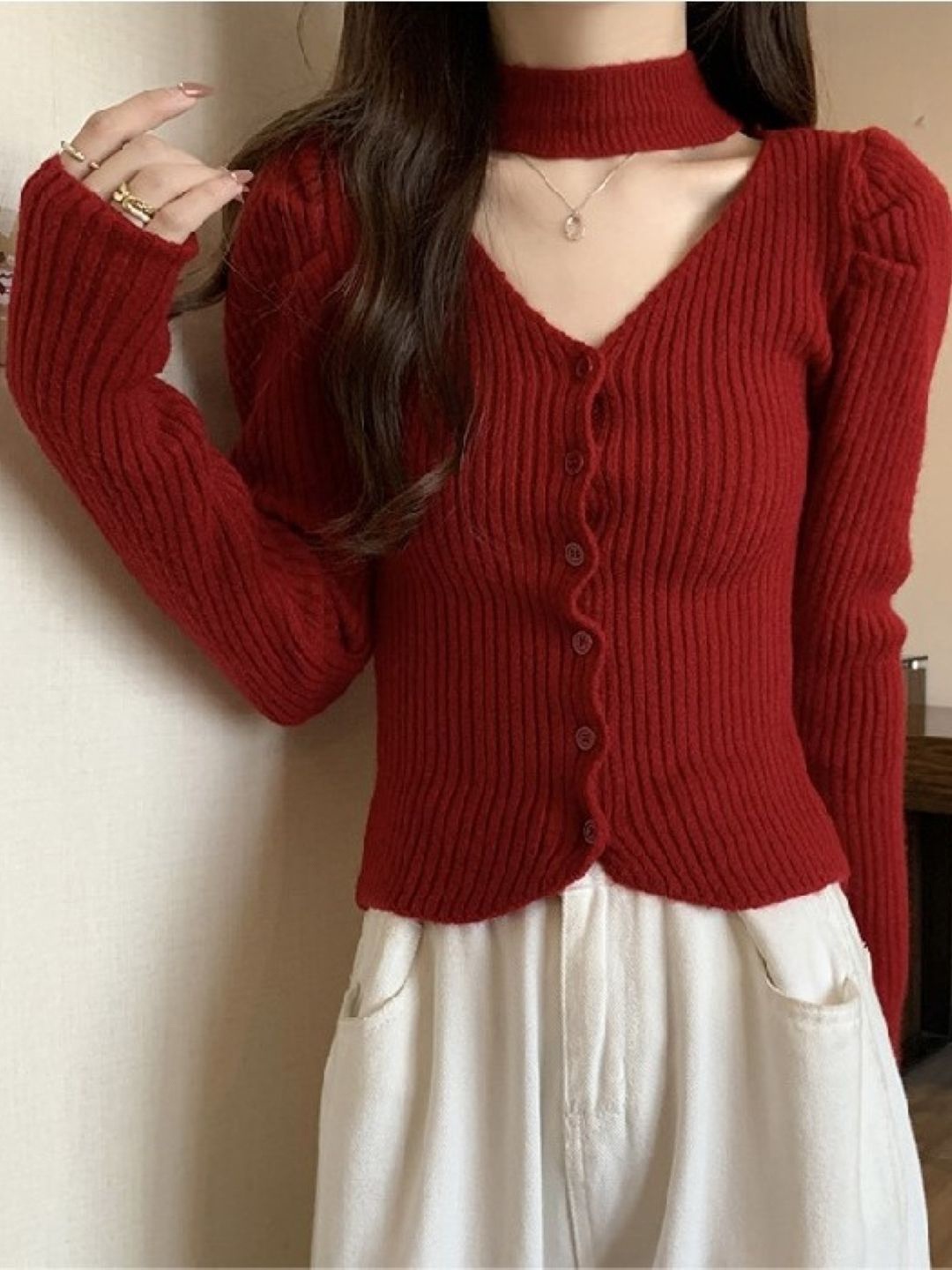 

HERE&NOW Women Round Neck Extended Sleeves Top, Red