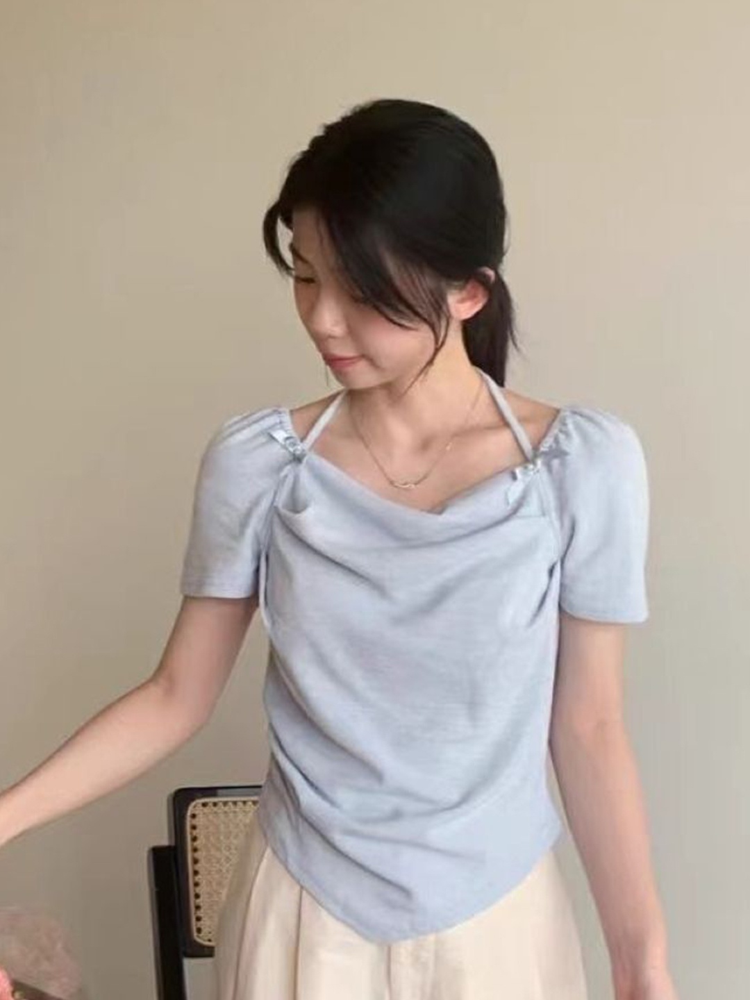 

KPOP Women Cowl Neck Short Sleeves Casual Top, Blue